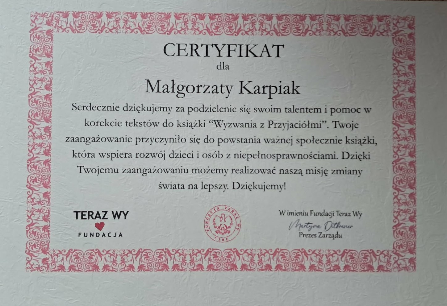 Certyfikat Fundacja Teraz Wy